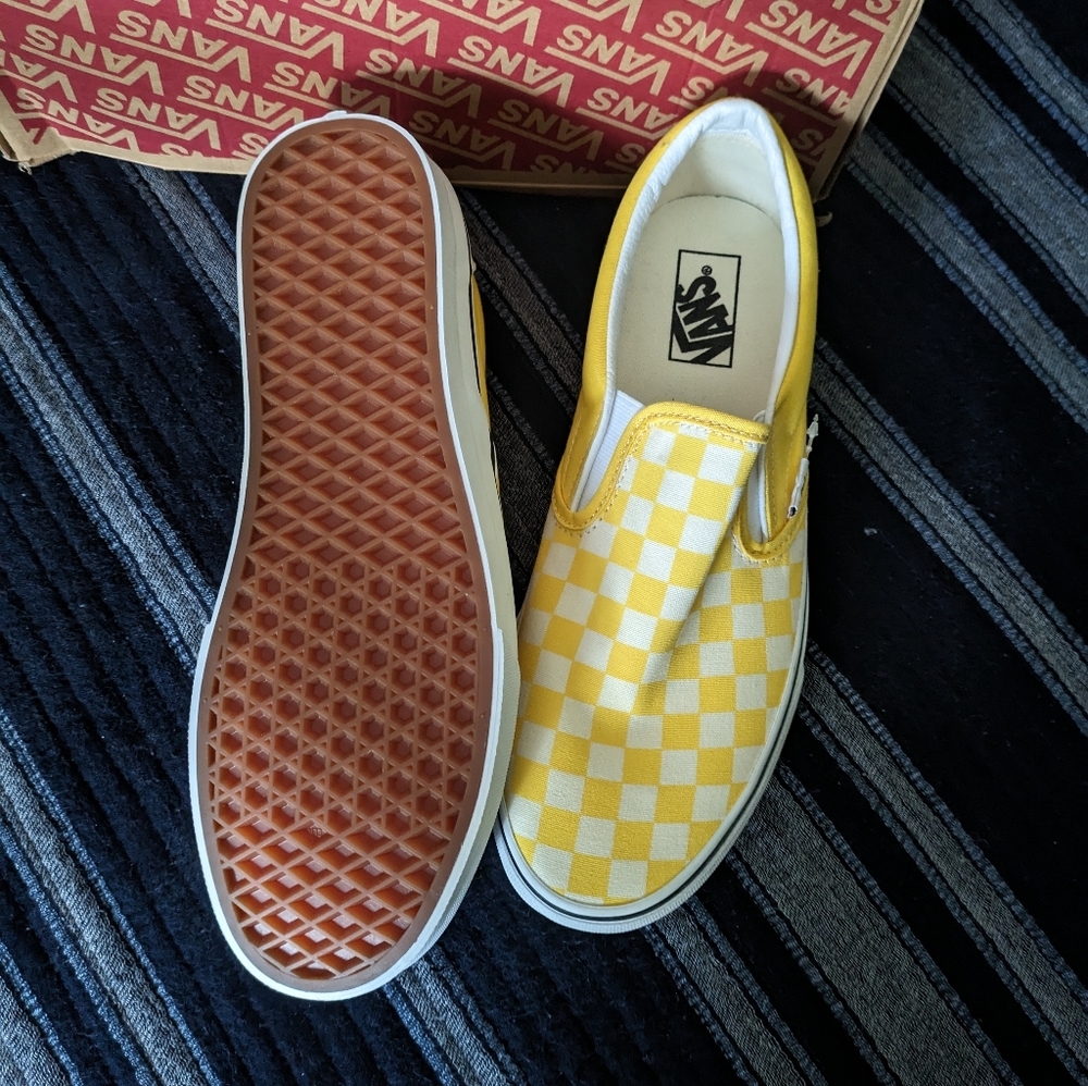 VANS Classic Slip On Yellow White Men Checkered Canvas Skate Shoes - Picture 5 of 7